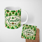 Personalized Custom Name Whimsical Christmas Trees Gifts Ornaments Festive Seamless Pattern 11oz Ceramic Coffee Tea Mug White Large Handle