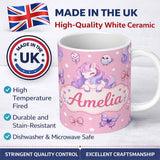 Personalized Custom Name Cute Pastel Unicorn Butterfly Candy Stars Rose Pink Background 11oz Ceramic Coffee Tea Mug White Large Handle