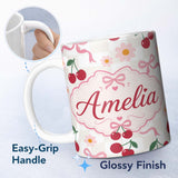 Personalized Custom Name Cute Cherry and Daisy Flowers with Pink Ribbon Bows Neutral Check 11oz Ceramic Coffee Tea Mug White Large Handle