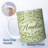 Personalized Custom Name Minimal Olive Leaves and Berries Soft Green Seamless Pattern Lovely 11oz Ceramic Coffee Tea Mug White Large Handle