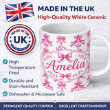 Personalized Custom Name Vintage Pink Ribbon Bow Stripe Elegant Seamless Pattern Lovely 11oz Ceramic Coffee Tea Mug White Large Handle