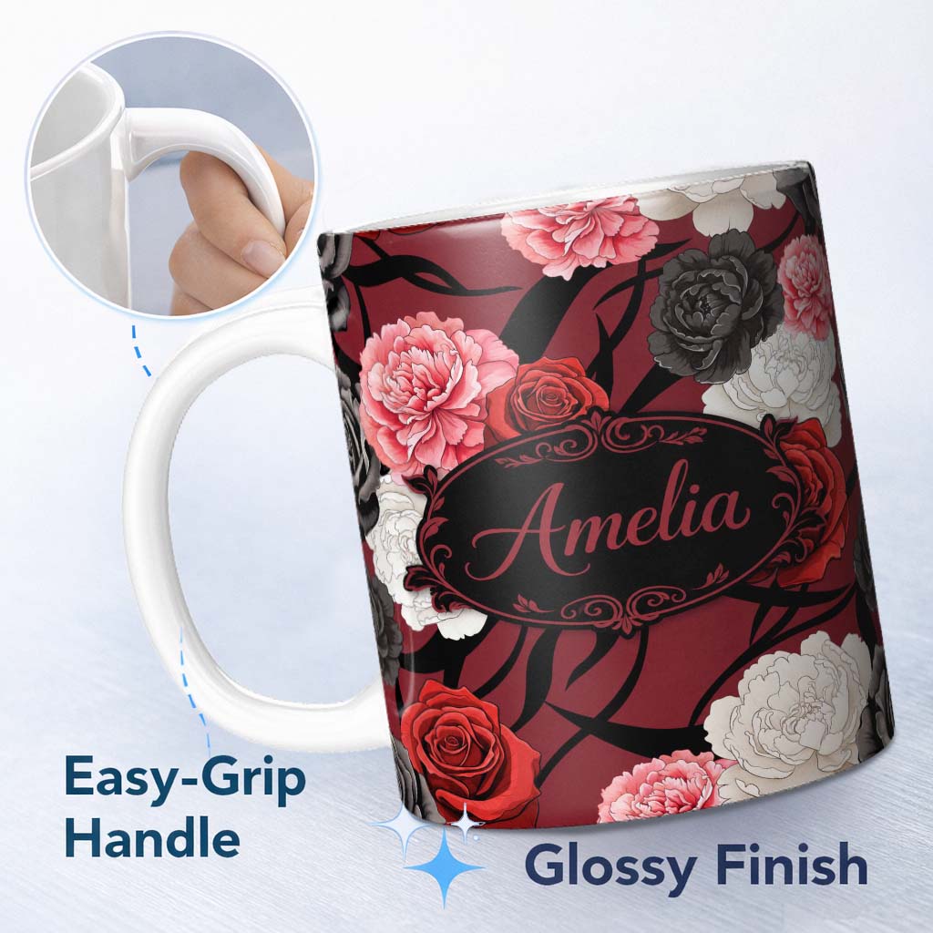 Personalized Custom Name Elegant Rose Floral with Black Red and White Flowers on Deep Red 11oz Ceramic Coffee Tea Mug White Large Handle
