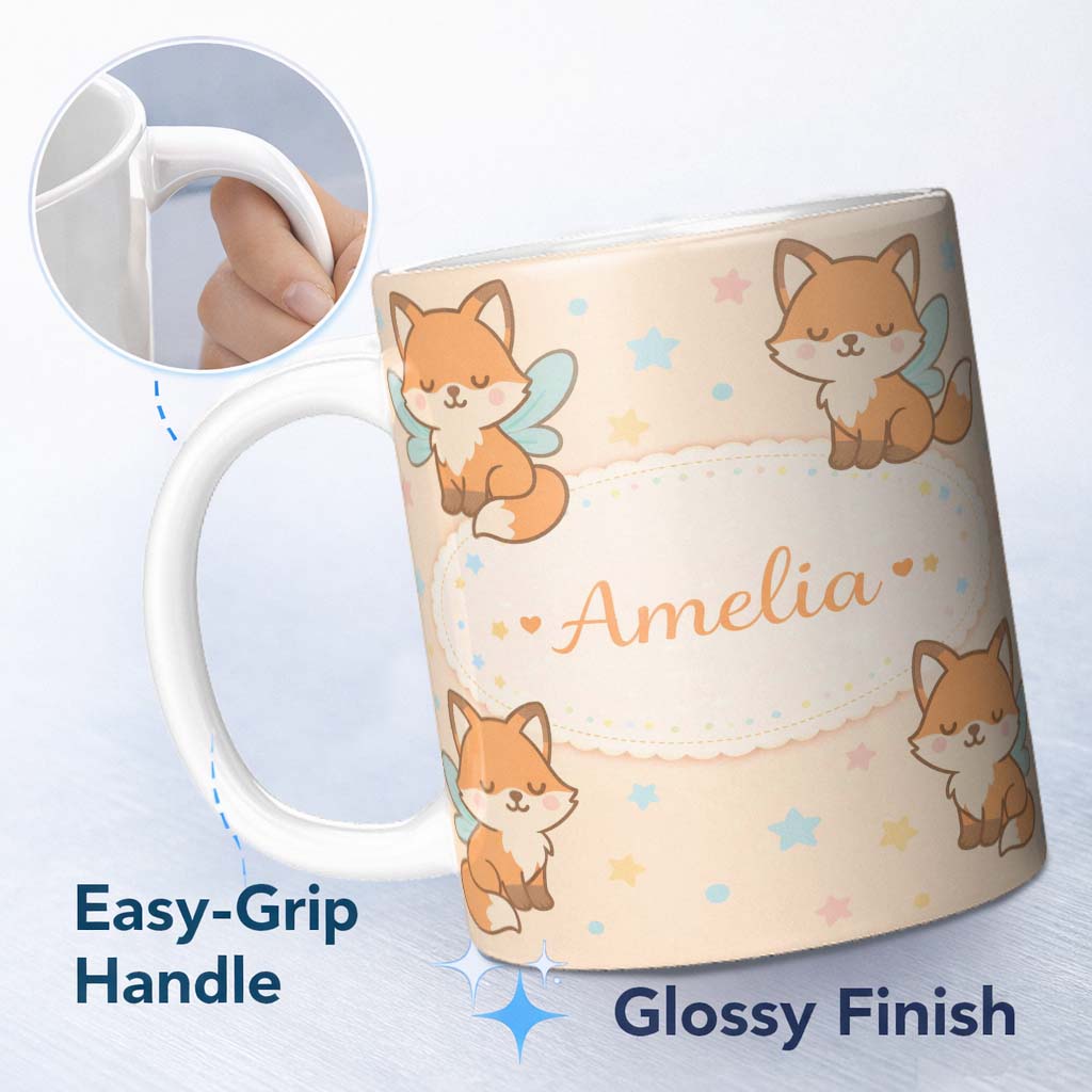 Personalized Custom Name Cute Fairy Fox Cartoon Animal Pattern Cute Unique Gift Lovely 11oz Ceramic Coffee Tea Mug White Large Handle
