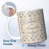 Personalized Custom Name Classic French Blue Damask Motif Repeat Pattern on Aged Beige Lovely 11oz Ceramic Coffee Tea Mug White Large Handle