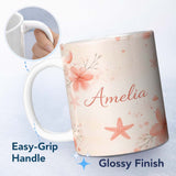 Personalized Custom Name Coral Starfish Ocean Floral Pattern Seamless Watercolour Coastal 11oz Ceramic Coffee Tea Mug White Large Handle