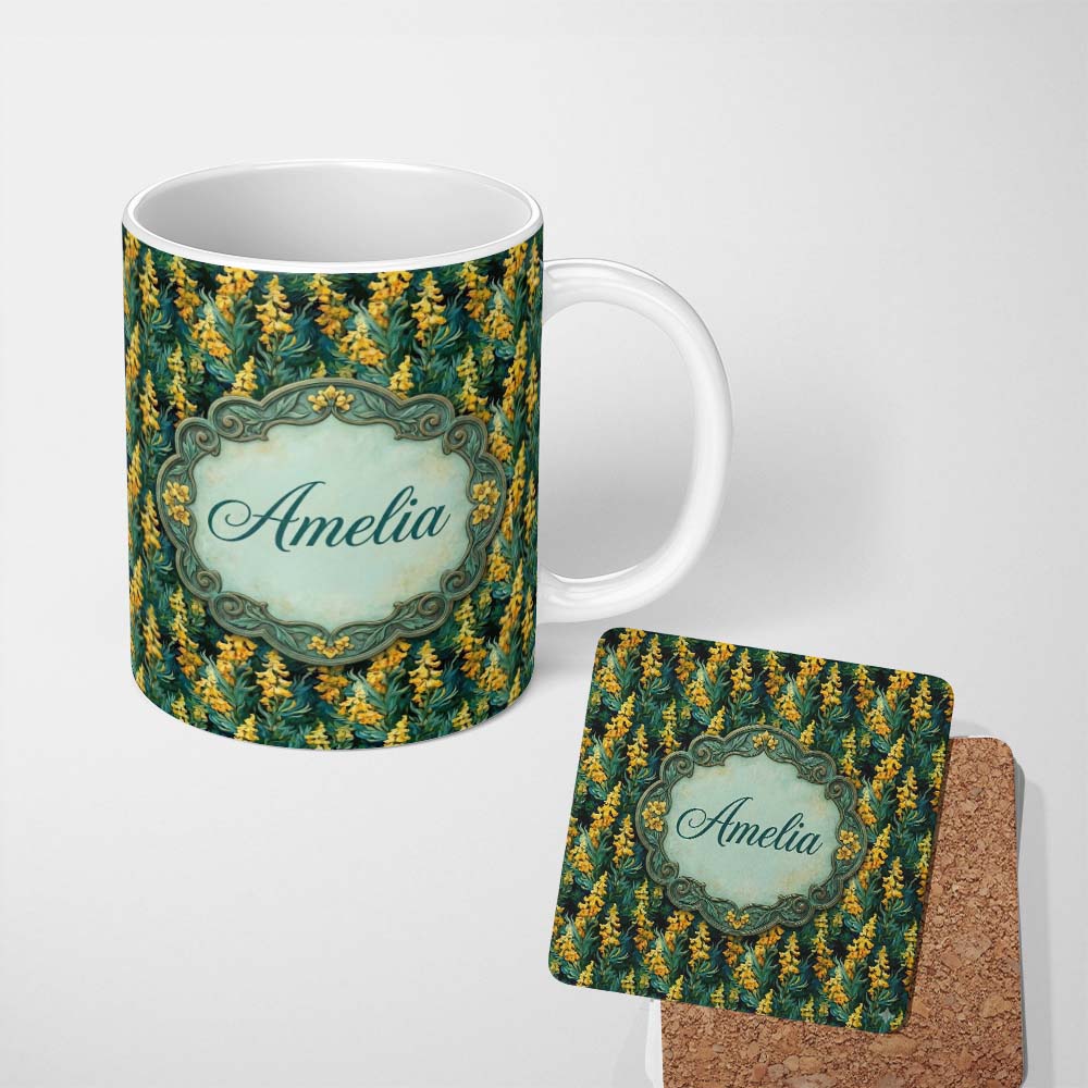 Personalized Custom Name Rich Dark Botanical Pattern with Golden Yellow Flowers on Deep Green 11oz Ceramic Coffee Tea Mug White Large Handle