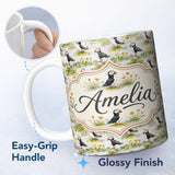 Personalized Custom Name Watercolor Puffin Birds in Floral Meadow Garden Seamless Pattern 11oz Ceramic Coffee Tea Mug White Large Handle