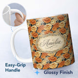 Personalized Custom Name Soft Watercolour Orange Floral Pattern on Cream Background with 11oz Ceramic Coffee Tea Mug White Large Handle