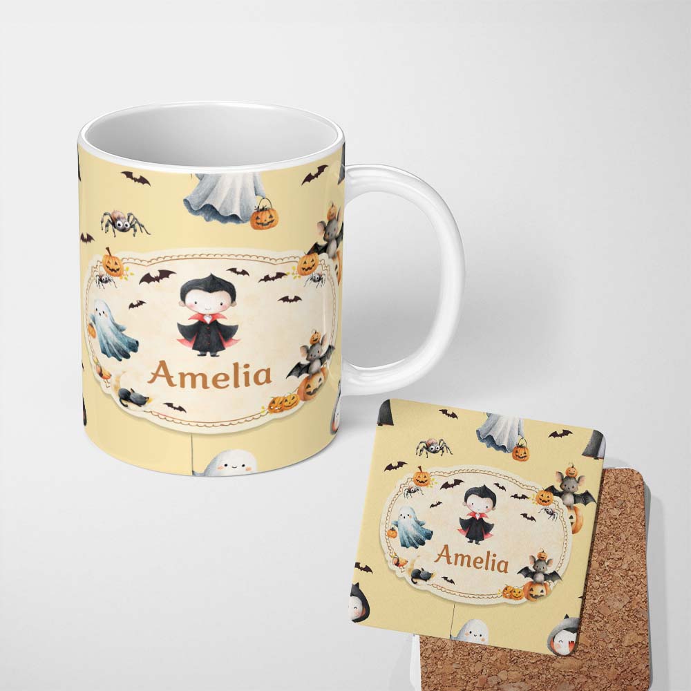 Personalized Custom Name Cute Halloween Dracula Ghost Bats on Warm Beige Background Seamless 11oz Ceramic Coffee Tea Mug White Large Handle