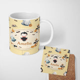 Personalized Custom Name Cute Halloween Dracula Ghost Bats on Warm Beige Background Seamless 11oz Ceramic Coffee Tea Mug White Large Handle