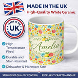 Personalized Custom Name Bright Watercolor Citrus Slice and Tropical Fruit Seamless Pattern 11oz Ceramic Coffee Tea Mug White Large Handle