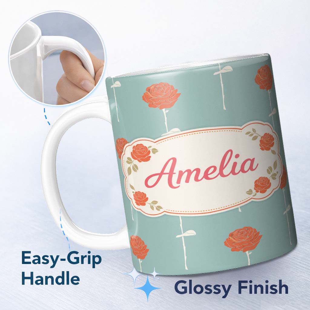 Personalized Custom Name Red Rose Minimal Pattern Blue Background Elegant Design Lovely 11oz Ceramic Coffee Tea Mug White Large Handle