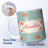 Personalized Custom Name Red Rose Minimal Pattern Blue Background Elegant Design Lovely 11oz Ceramic Coffee Tea Mug White Large Handle
