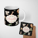 Personalized Custom Name Safari Animals with Elephant Lion and Crocodile on Light Grey Lovely 11oz Ceramic Coffee Tea Mug White Large Handle