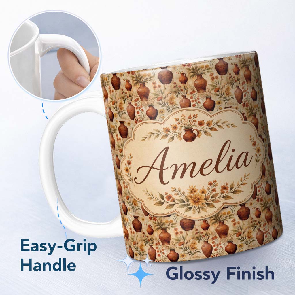 Personalized Custom Name Rustic Terracotta Vase Floral Seamless Pattern Vintage Botanical Art 11oz Ceramic Coffee Tea Mug White Large Handle