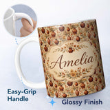 Personalized Custom Name Rustic Terracotta Vase Floral Seamless Pattern Vintage Botanical Art 11oz Ceramic Coffee Tea Mug White Large Handle