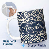 Personalized Custom Name Navy Blue Moroccan Geometric Lattice Elegant Seamless Pattern Lovely 11oz Ceramic Coffee Tea Mug White Large Handle