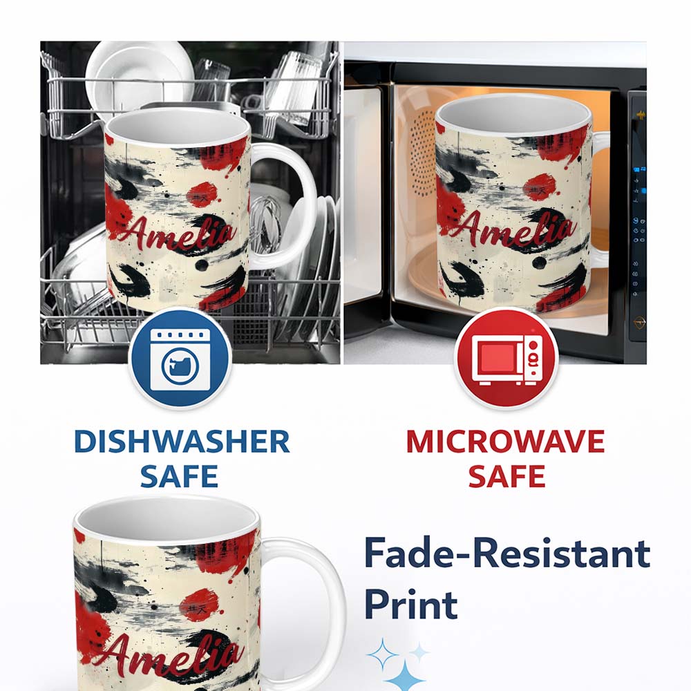 Personalized Custom Name Decorative Japanese Bento Box Lids with Floral and Wave Patterns 11oz Ceramic Coffee Tea Mug White Large Handle