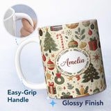 Personalized Custom Name Festive Christmas Ornament Candy Cane Tree Holiday Seamless Pattern 11oz Ceramic Coffee Tea Mug White Large Handle