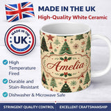 Personalized Custom Name Christmas Trees Stars Snowflakes Holiday Seamless Pattern Lovely 11oz Ceramic Coffee Tea Mug White Large Handle