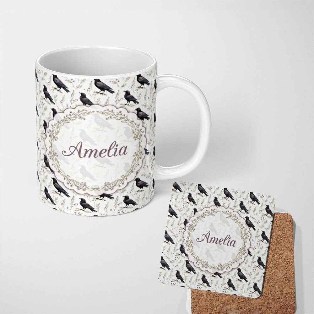 Personalized Custom Name Black Crow Birds with Light Botanical Background Seamless Pattern 11oz Ceramic Coffee Tea Mug White Large Handle