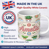 Personalized Custom Name Cute Kawaii Rainbow Sun Flowers Plant Pots Seamless Pattern Cream 11oz Ceramic Coffee Tea Mug White Large Handle