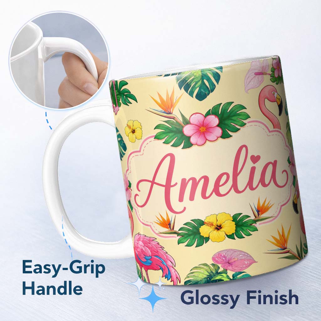 Personalized Custom Name Tropical Flamingo Bird with Exotic Flowers Leaves Pattern Yellow 11oz Ceramic Coffee Tea Mug White Large Handle