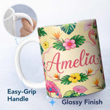 Personalized Custom Name Tropical Flamingo Bird with Exotic Flowers Leaves Pattern Yellow 11oz Ceramic Coffee Tea Mug White Large Handle