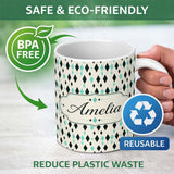 Personalized Custom Name Minimal Geometric Diamond Shapes Abstract Seamless Pattern Lovely 11oz Ceramic Coffee Tea Mug White Large Handle