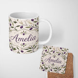 Personalized Custom Name Olive Branch Purple Fruit Botanical Minimal Seamless Pattern Lovely 11oz Ceramic Coffee Tea Mug White Large Handle