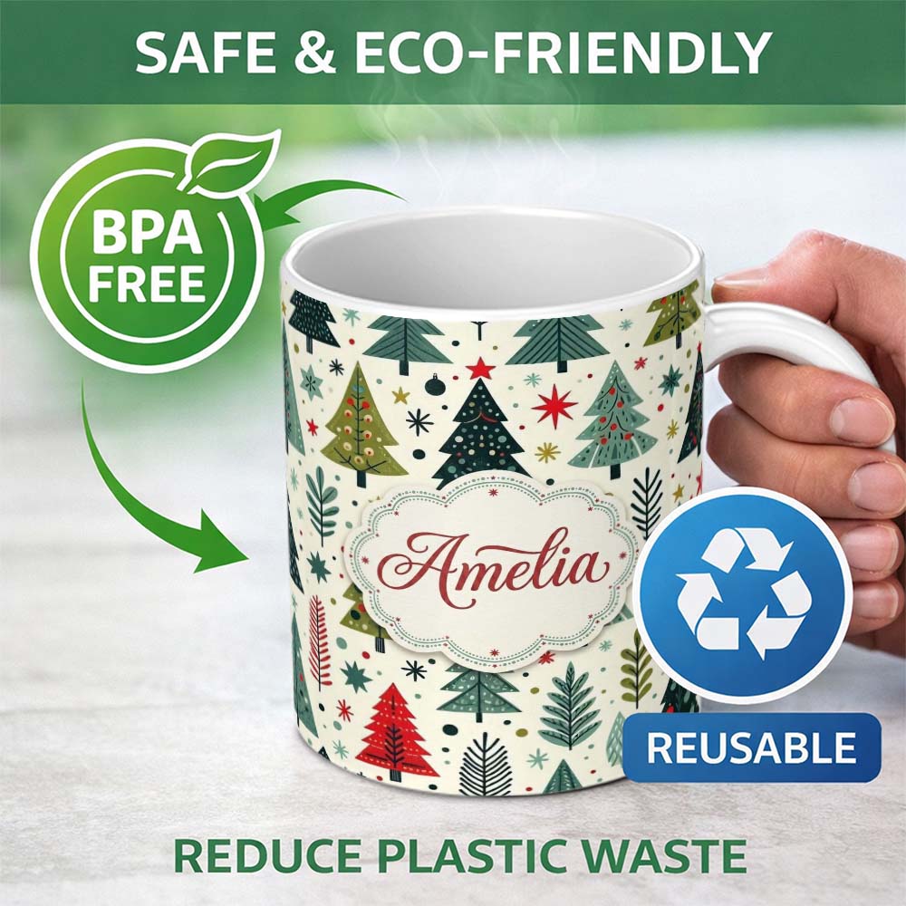 Personalized Custom Name Scandi Christmas Trees Geometric Red Green Snowflakes Seamless 11oz Ceramic Coffee Tea Mug White Large Handle