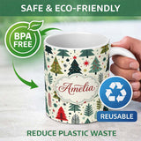 Personalized Custom Name Scandi Christmas Trees Geometric Red Green Snowflakes Seamless 11oz Ceramic Coffee Tea Mug White Large Handle
