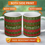 Personalized Custom Name Green Red Nordic Christmas Tree Snowflake Fair Isle Seamless Pattern 11oz Ceramic Coffee Tea Mug White Large Handle