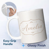 Personalized Custom Name Minimal Beige Vertical Pinstripe Elegant Seamless Pattern Lovely 11oz Ceramic Coffee Tea Mug White Large Handle