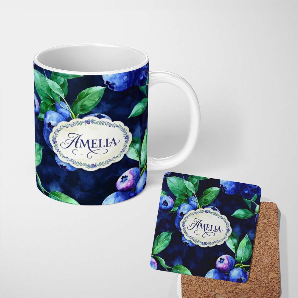 Personalized Custom Name Watercolor Blueberry Fruit Leaves Dark Background Seamless Pattern 11oz Ceramic Coffee Tea Mug White Large Handle