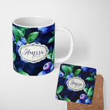 Personalized Custom Name Watercolor Blueberry Fruit Leaves Dark Background Seamless Pattern 11oz Ceramic Coffee Tea Mug White Large Handle