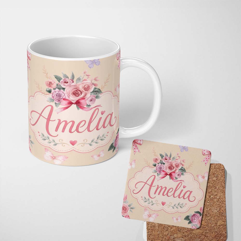Personalized Custom Name Cute Watercolor Roses Bouquet with Red Ribbon Warm Beige Background 11oz Ceramic Coffee Tea Mug White Large Handle