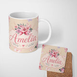 Personalized Custom Name Cute Watercolor Roses Bouquet with Red Ribbon Warm Beige Background 11oz Ceramic Coffee Tea Mug White Large Handle