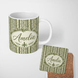 Personalized Custom Name Striped Bamboo Stems with Leaves Minimal Seamless Pattern Lovely 11oz Ceramic Coffee Tea Mug White Large Handle