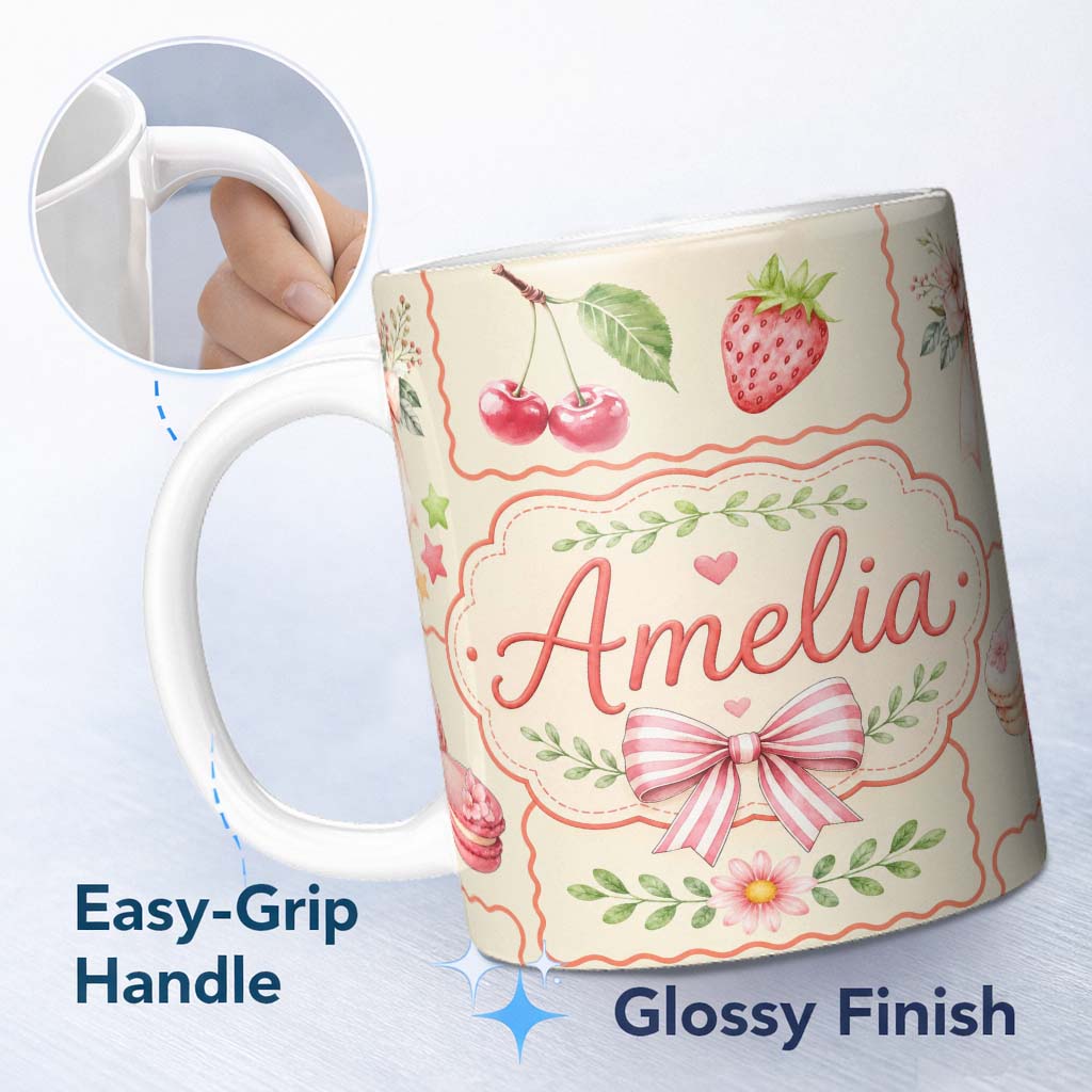 Personalized Custom Name Cute Strawberry Cherry Ribbon Bow Sweet Dessert Pattern Warm Beige 11oz Ceramic Coffee Tea Mug White Large Handle