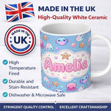 Personalized Custom Name Kawaii Jellyfish Starfish and Cute Sea Creatures Soft Blue Lovely 11oz Ceramic Coffee Tea Mug White Large Handle