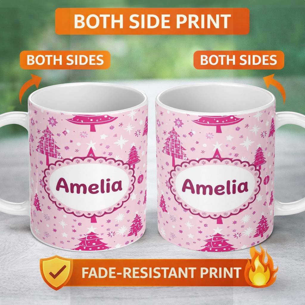 Personalized Custom Name Pink Christmas Tree Snowflake Star Winter Seamless Pattern Lovely 11oz Ceramic Coffee Tea Mug White Large Handle
