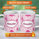 Personalized Custom Name Pink Christmas Tree Snowflake Star Winter Seamless Pattern Lovely 11oz Ceramic Coffee Tea Mug White Large Handle