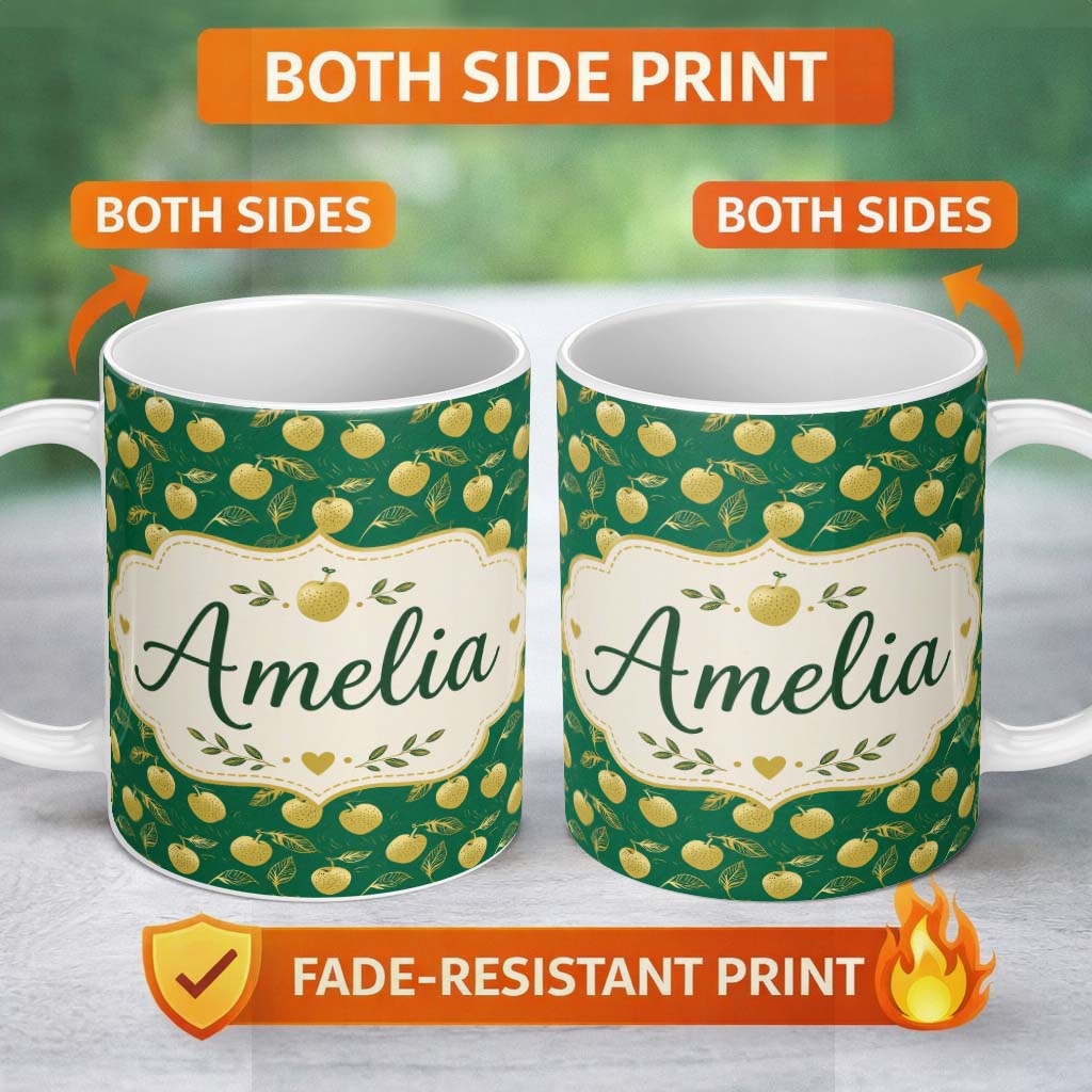 Personalized Custom Name Elegant Golden Apples and Leaves on Dark Green Seamless Pattern 11oz Ceramic Coffee Tea Mug White Large Handle