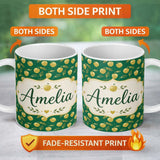 Personalized Custom Name Elegant Golden Apples and Leaves on Dark Green Seamless Pattern 11oz Ceramic Coffee Tea Mug White Large Handle