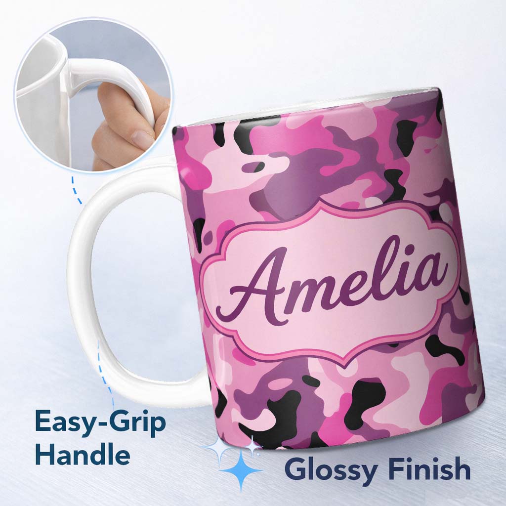 Personalized Custom Name Pink Purple Camouflage Fashion Style Seamless Pattern Lovely 11oz Ceramic Coffee Tea Mug White Large Handle