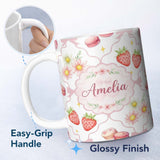 Personalized Custom Name Cute Watercolor Cherry Strawberry Daisy Flowers and Pink Bow White 11oz Ceramic Coffee Tea Mug White Large Handle