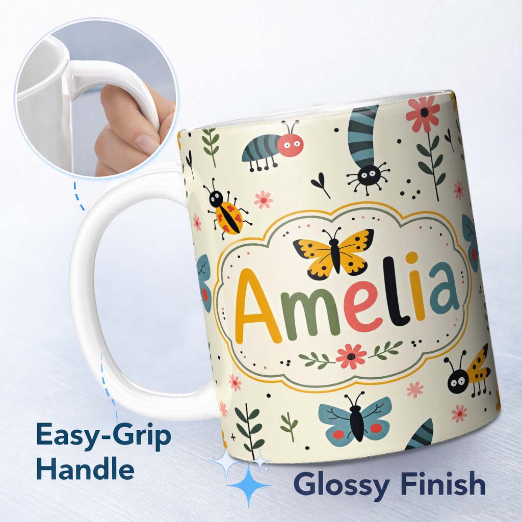 Personalized Custom Name Cute Butterflies Ladybugs Flowers Garden Insects Seamless Pattern 11oz Ceramic Coffee Tea Mug White Large Handle