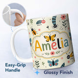 Personalized Custom Name Cute Butterflies Ladybugs Flowers Garden Insects Seamless Pattern 11oz Ceramic Coffee Tea Mug White Large Handle