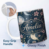 Personalized Custom Name Pink Floral Moon Stars Celestial Night Seamless Pattern Lovely 11oz Ceramic Coffee Tea Mug White Large Handle